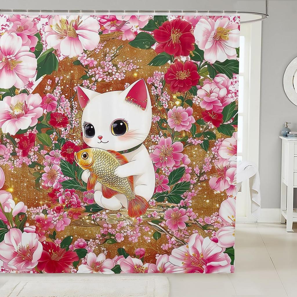 Cat Shower Curtain,Colorful Floral Bathroom Curtain,Kids Girls Boys Adult Cute Pet Animals Waterproof Fabrics Blue Sky Bathtub