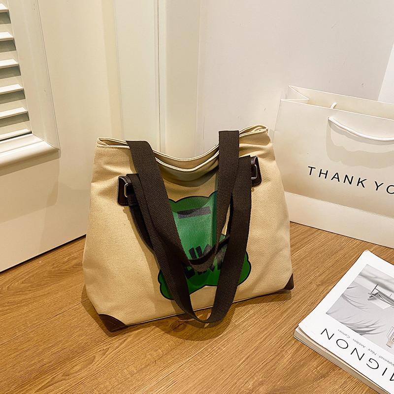 Adorable Cartoon Canvas Tote Bag Large Capacity Casual Handbag For Students