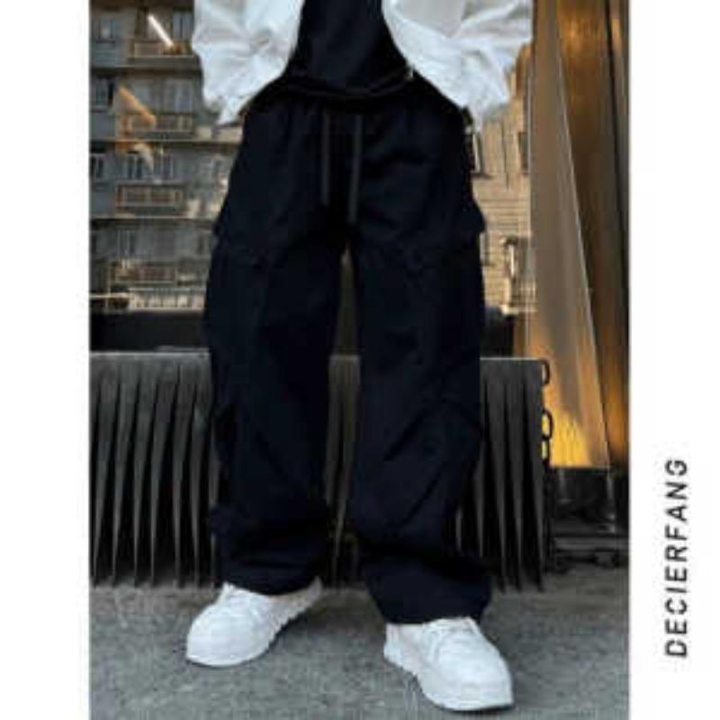 

Брюки парашютисты мужские плиссированные многокарманные рабочие брюки осенние уличные свободные прямые широкие повседневные брюки S чёрный