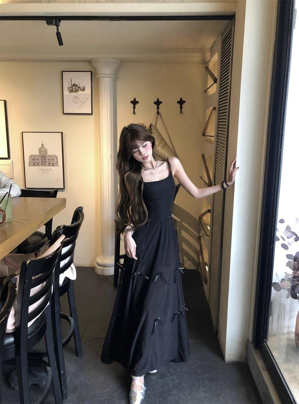 

Wear more bows in one dress, blue suspender dress, women s summer design skirt, sweet and spicy waist a-word long dress L