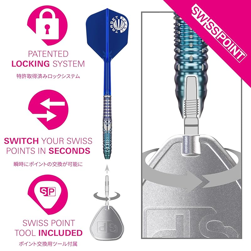 Target Japan CHARIS G5 Kathy Leung Player 90% Tungsten K-Flex Steel Tip Darts Set, 22G, No. 6 Shape, Flights and Shafts, SWISS SILVER NANO POINT 30mm