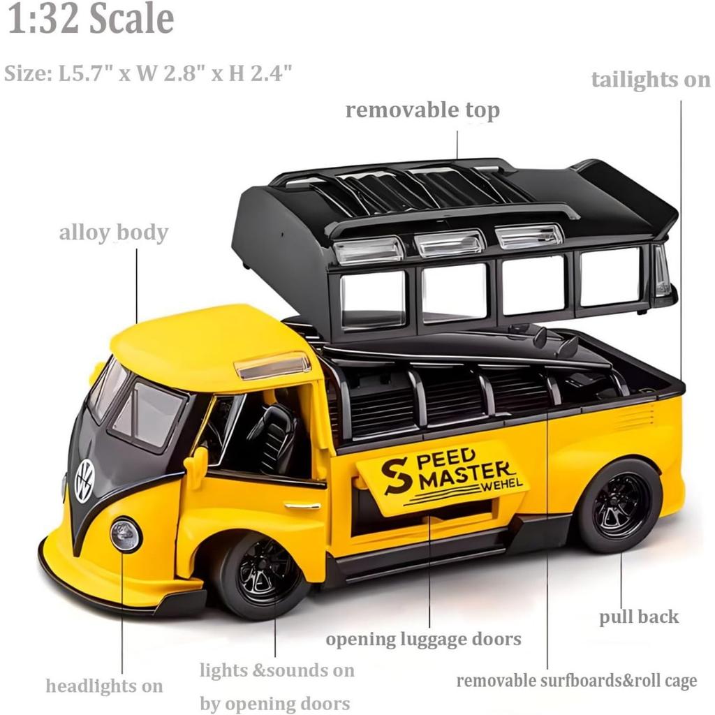 1/32 Scale Bus Transporter Model Car with Surfboards Convertible Camping Van, Zinc Alloy Pull Back Toy Car with Sound and Light for Kids Gift