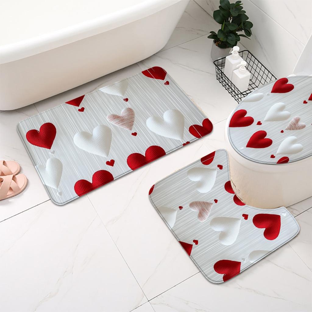 1/4pcs Red and White Love Hearts Shower Curtain Set Valentine Day Gift Waterproof Fabric Bath Curtain with 12 Hooks Non Slip Rug and Toilet Cover