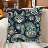 Bohemian Paisley Cat Print Throw Pillow Cover, Teal Floral Mandala Art Decorative Cushion