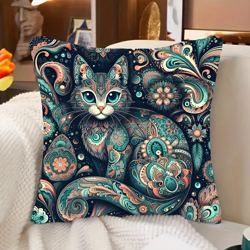 Bohemian Paisley Cat Print Throw Pillow Cover, Teal Floral Mandala Art Decorative Cushion