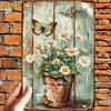 1pc Retro Butterflies & Daisies Metal Sign, 2D Flat Art Print with Pre-Drilled Holes, Indoor Outdoor Garden Home Decor