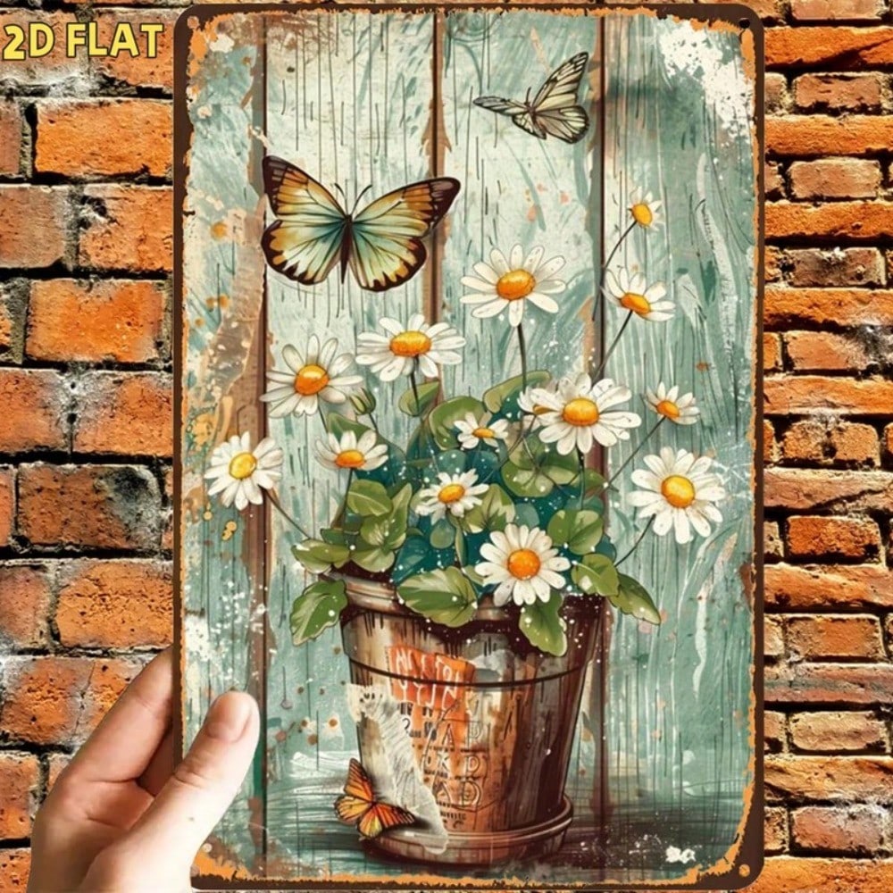 1pc Retro Butterflies & Daisies Metal Sign, 2D Flat Art Print with Pre-Drilled Holes, Indoor Outdoor Garden Home Decor
