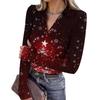 Damenmode Lässig Weihnachts-Print V-Ausschnitt Langarm Knopfleiste Oberteil