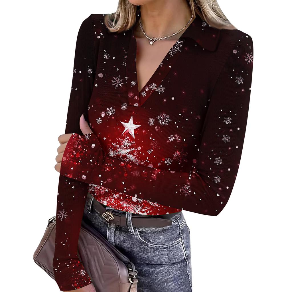 Damenmode Lässig Weihnachts-Print V-Ausschnitt Langarm Knopfleiste Oberteil