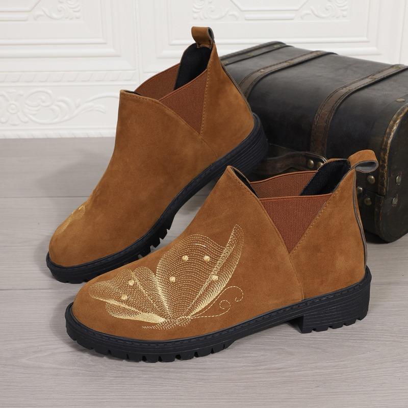 

Европейская и американская женская обувь 2024 года, осень-зима, новые вышитые бабочки, модные короткие сапоги, эластичные босоножки 43 светло-коричневого