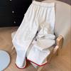 Women Pants Elastic High Waist Pure Color Long Trousers with Pockets Red Zigzag Embroidery Contrast Color Leisure Sport Pants