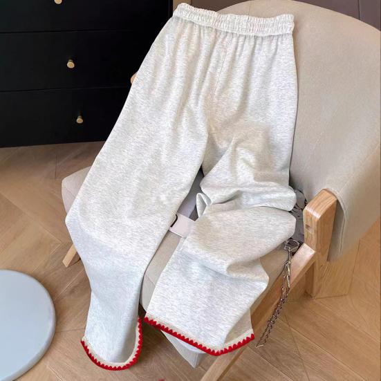 Women Pants Elastic High Waist Pure Color Long Trousers with Pockets Red Zigzag Embroidery Contrast Color Leisure Sport Pants