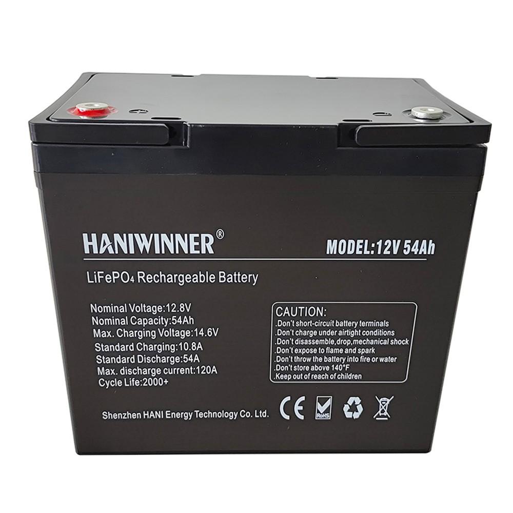 HANIWINNER HD009-07 12,8 V 54 Ah LiFePO4 akumulator litowy Zasilanie awaryjne, energia 691,2 Wh, ponad 2000 cykli, wbudowany BMS