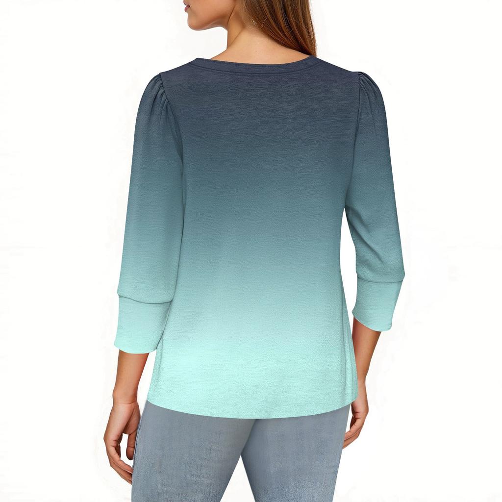 Moda Feminina Casual Camisa Estampada Manga 3/4 Tops Femininos Decote V
