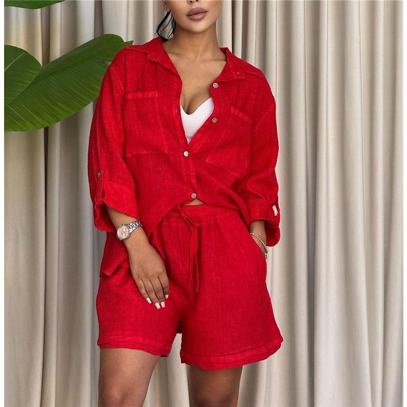 Women Textured 2 Piece Outfit Lapel Long Sleeve Button Down Shirt Drawstring Elastic Waist Shorts Casual Loungewear Set