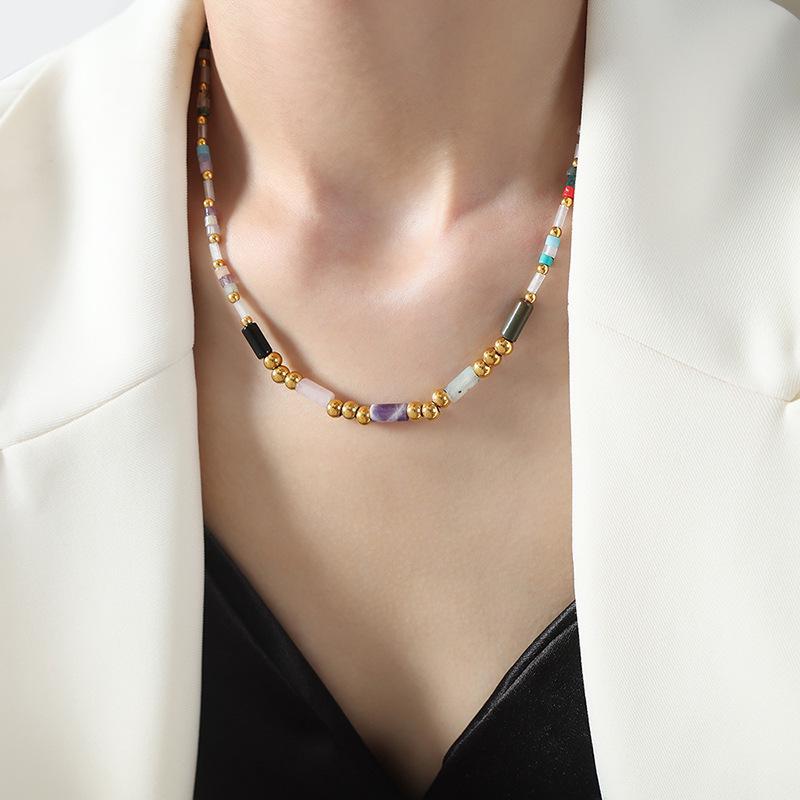 18K Gold Titanium Steel Multi-Color Natural Stone Bead Necklace - Empress Dowager Style