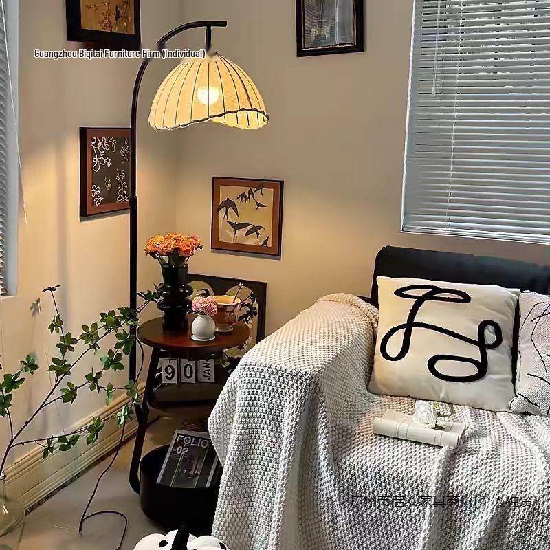 American Retro Floor Lamp with Charging Shelf and Fabric Shade