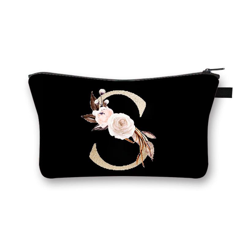 Vintage Golden Flower Alphabet Travel Cosmetic Bag Waterproof Toiletry Organize Pouch for Women