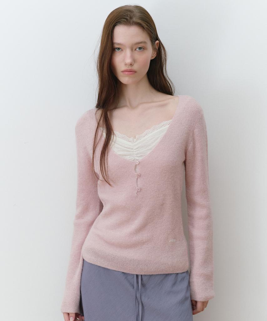 ROLAROLA Lace Layered Slim Knit Pink