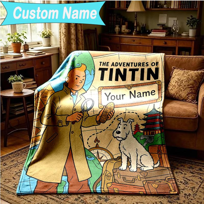 1PC Custom Name Blanket Tintin's Adventure City Flannel blankets Patterns Throw Blanket All-Season Soft Gift for Couch, Bed, Camping, Birthday gifts