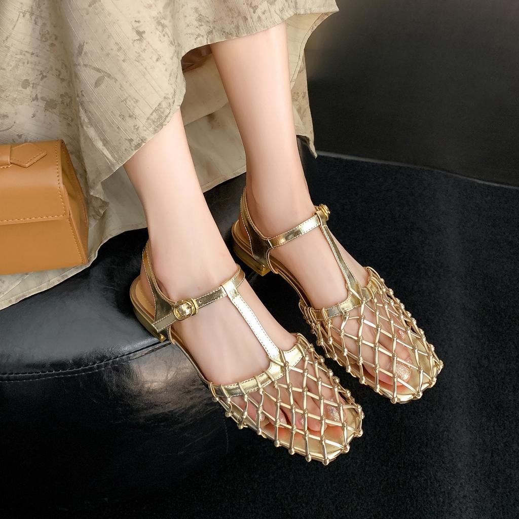 Spot French Retro Gold Hollow Mesh Silver Beautiful Bag Head Sandals Female Summer Fairy Shoes Empty Single Shoes