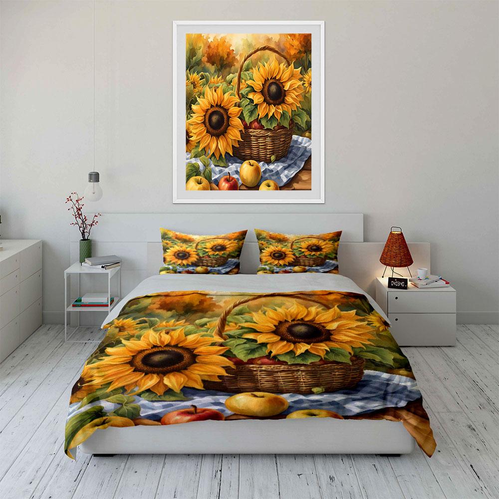 Sonnenblumen und Erntekorb Aufdruck Bettbezug-Set 1 Bettbezug + 2 Kissenbezüge verschiedene Größen Schlafzimmer Bettwäsche Dekor Luxusgeschenke