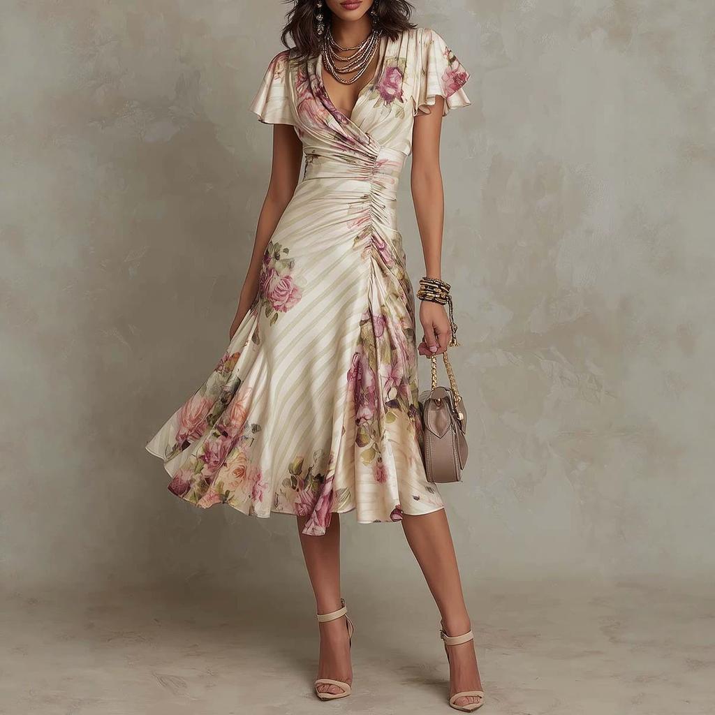 Europe, America, spring and summer new pleated flower dress niche does not collide