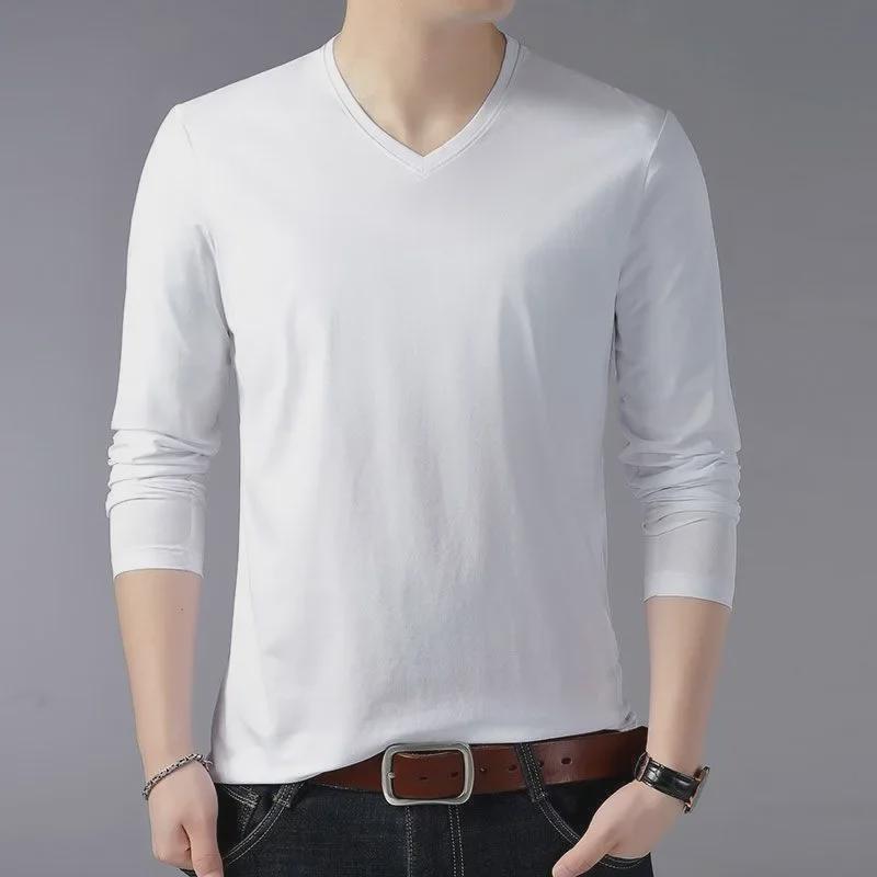 Men's White Long-Sleeve Solid Color T-Shirt, Spring/Autumn, Large Size