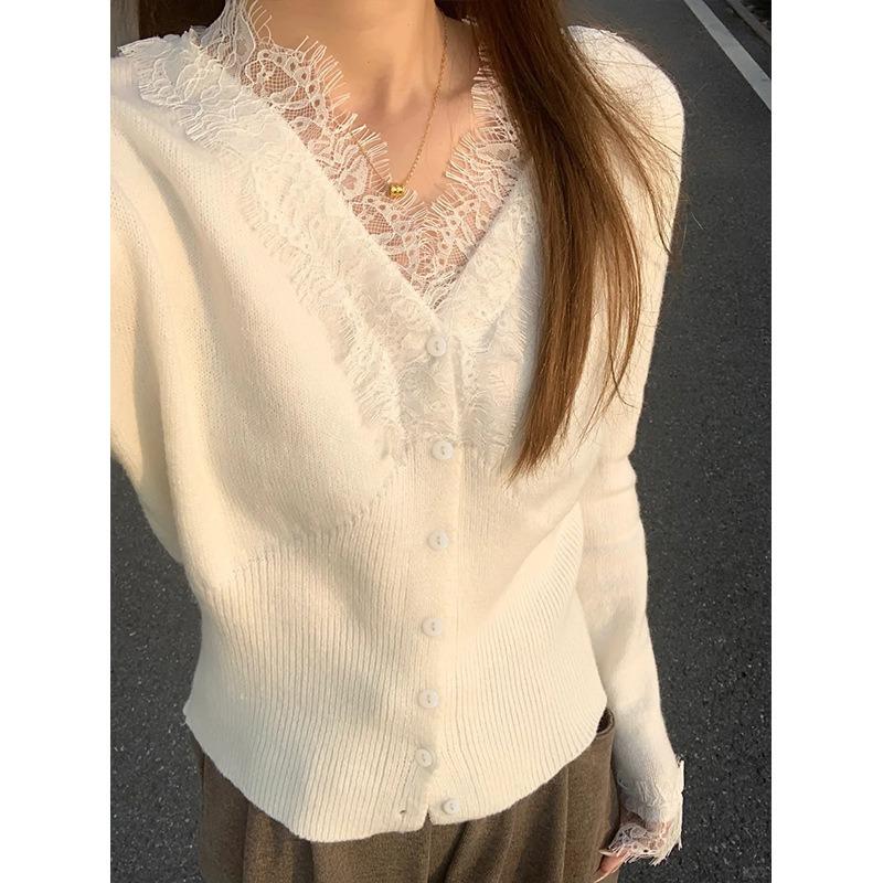 Pure Desire Collar Lace Splicing Knitted Cardigan Women's Spring Sweet and Spicy Versatile Bottoming Shirt with Sweater Inside