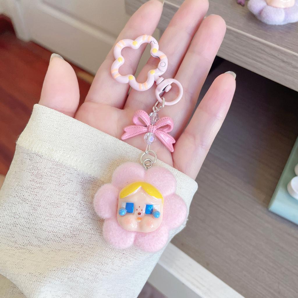 Cartoon Flocking Crying Baby Keychain Small Flower Cute Pendant Trendy Play Doll Girl Heart Bag Exquisite Hanging Jewelry