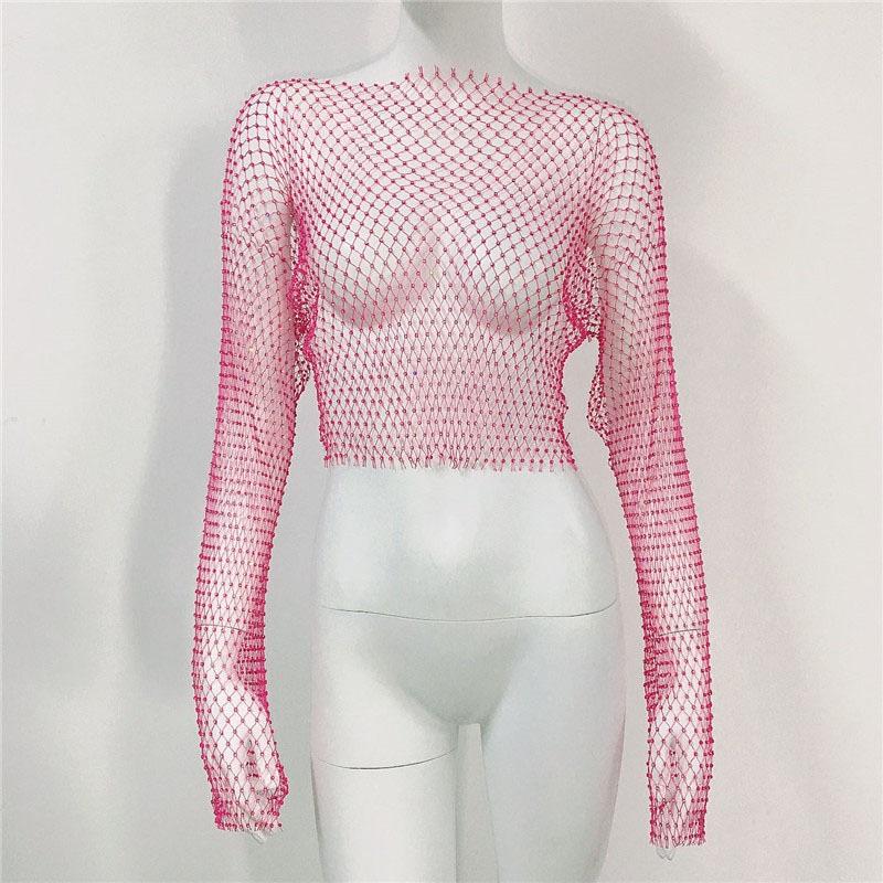 Trendy Mesh Fishnet T-Shirt For Europe And America - Long-Sleeved Rhinestone Top. Sexy Hot Girl Style With Heat-Pressed Rhinestones-Mesh Top For Women