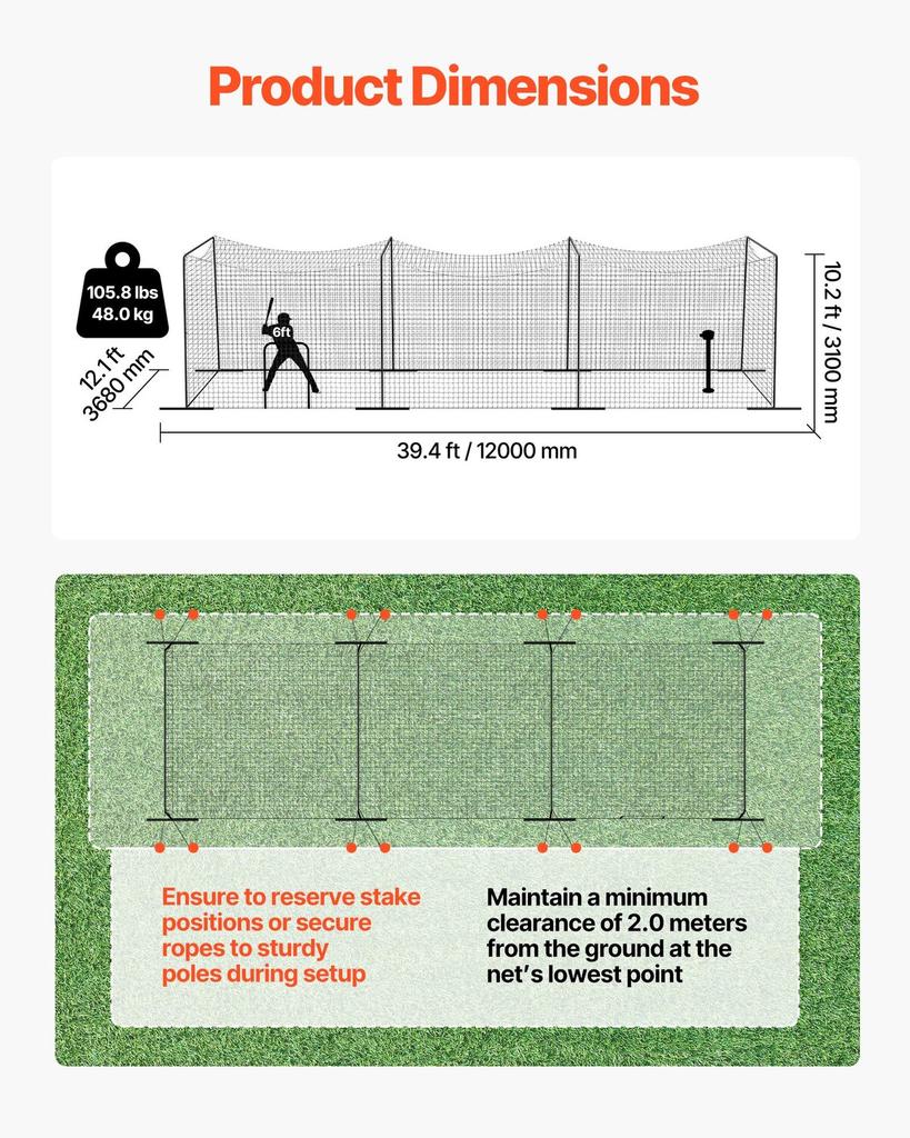 Baseball Batting Cage, 12000 X 3680 X 3100mm Freestanding Portable Batting Cage, Hitting Cages with 45-Ply Knotted HDPE & Long Positioning Ropes,
