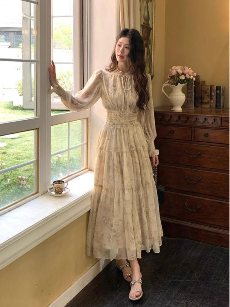 Coffee break French floral chiffon dress women's long models early and early autumn new models super good-looking waist long dress