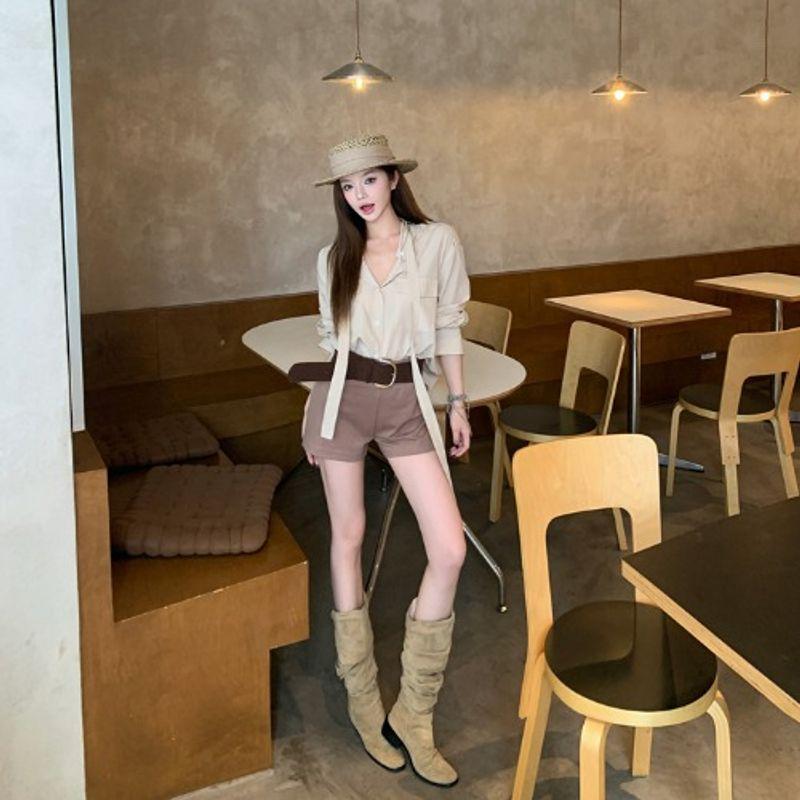 Kumikumi Old Qian Style Suit Stylish Long Sleeves Shirt Women's Autumn High Waist Slim Looking Casual Shorts Two-piece Set