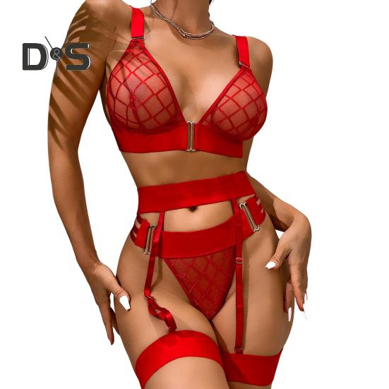 3 Pcs/Set Bra Briefs Set with Garter Fishnet Lace Multi Straps Hollow Out Thin High Waist Wedding Night Honeymoon Valentines Day Underwear Set