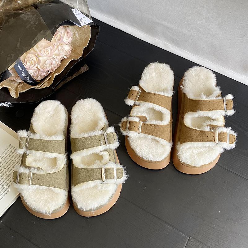 Fashion Aphixta Luxury Platform Furry Slippers Women Warm Slippers Shoes Buckle Design Fur Insole Women Winter Footwear Size 42