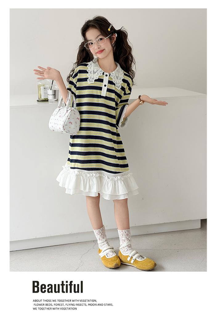 Girls' dress summer 2026 new children's striped summer dress, mid size children's half skirt, girls' T-shirt dress trend