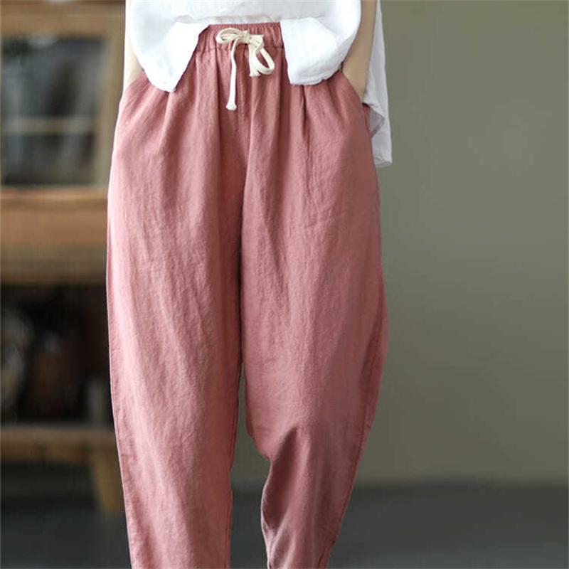 Harajuku Summer High Waist Elastic Women's Cotton Linen Wide Leg Capris Pants for Women Baggy Harem Pants Woman Trousers