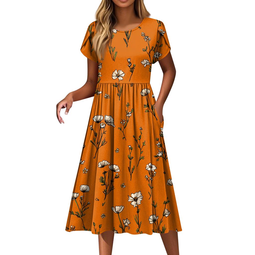 Women's Fashion Casual Loose Floral Print Round Neck Pocket Short Sleeve Dress