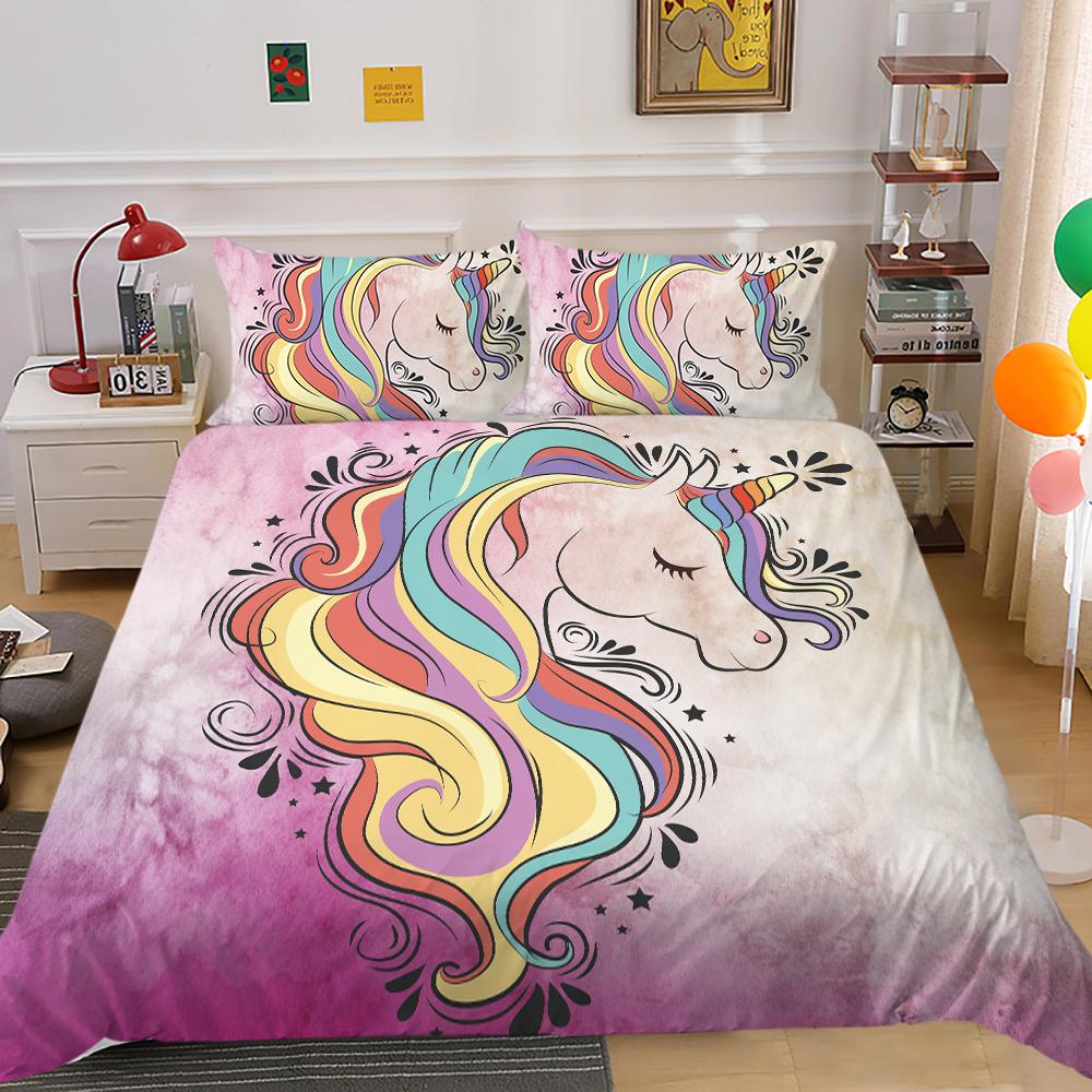 Zestaw pościeli z jednorożcem 3D Cute Cartoon Animal kołdra i poszewka na poduszkę 2/3 sztuki DE155 * 200 pełny wymiar szybkoschnąca dekoracja wnętrz