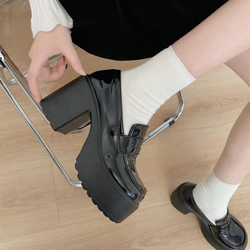 Gothic Chunky High Heels Pumps for Women 2025 Spring Patent Leather Platform Loafers Woman Black Thick Heeled Jk Lolita Shoes