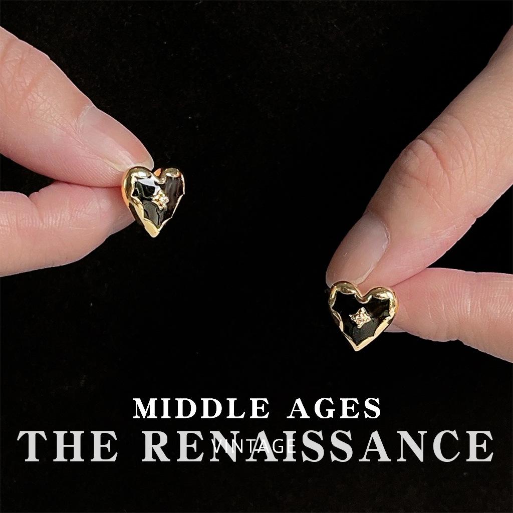 Black drip glaze love zircon earrings French retro niche earrings women