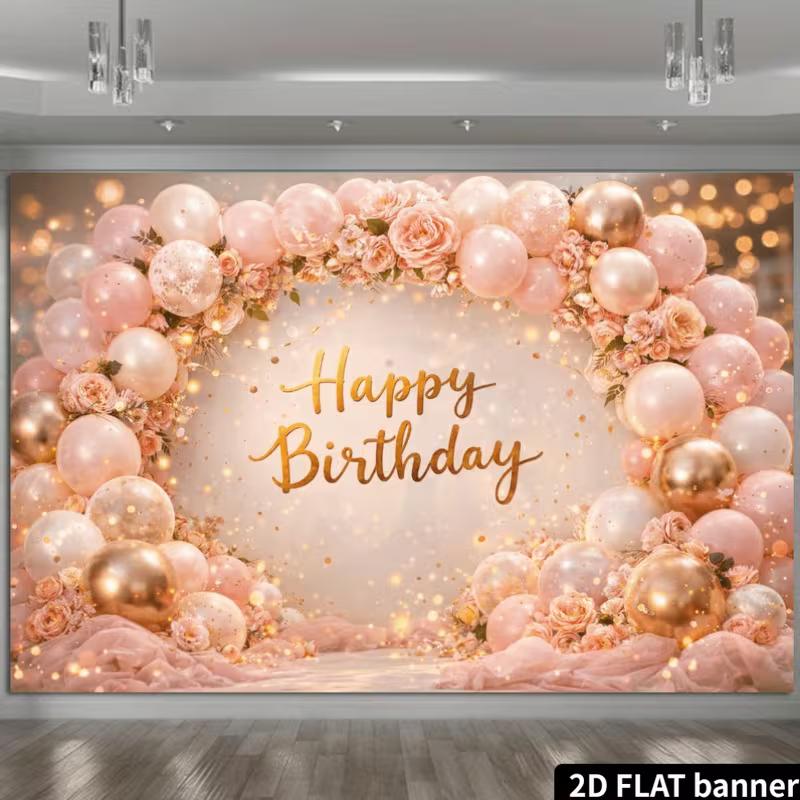 2D Rose Gold Floral Themed Happy Birthday Backdrop Banner for Birthday Party Photography Decoration