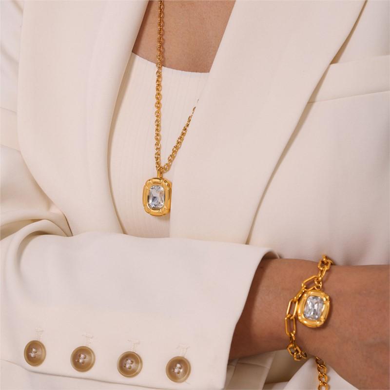 Shiny Glass Stone Pendant Necklace Bracelet Earrings For Women Stainless Steel Gold Plated Women's Long Necklaces Jewelry Set