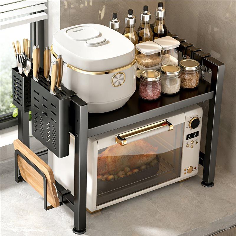 Microwave Shelf 3-Tier Extendable Worktop Shelves With 6 Hooks, Kitchen Shelf, Spice Rack