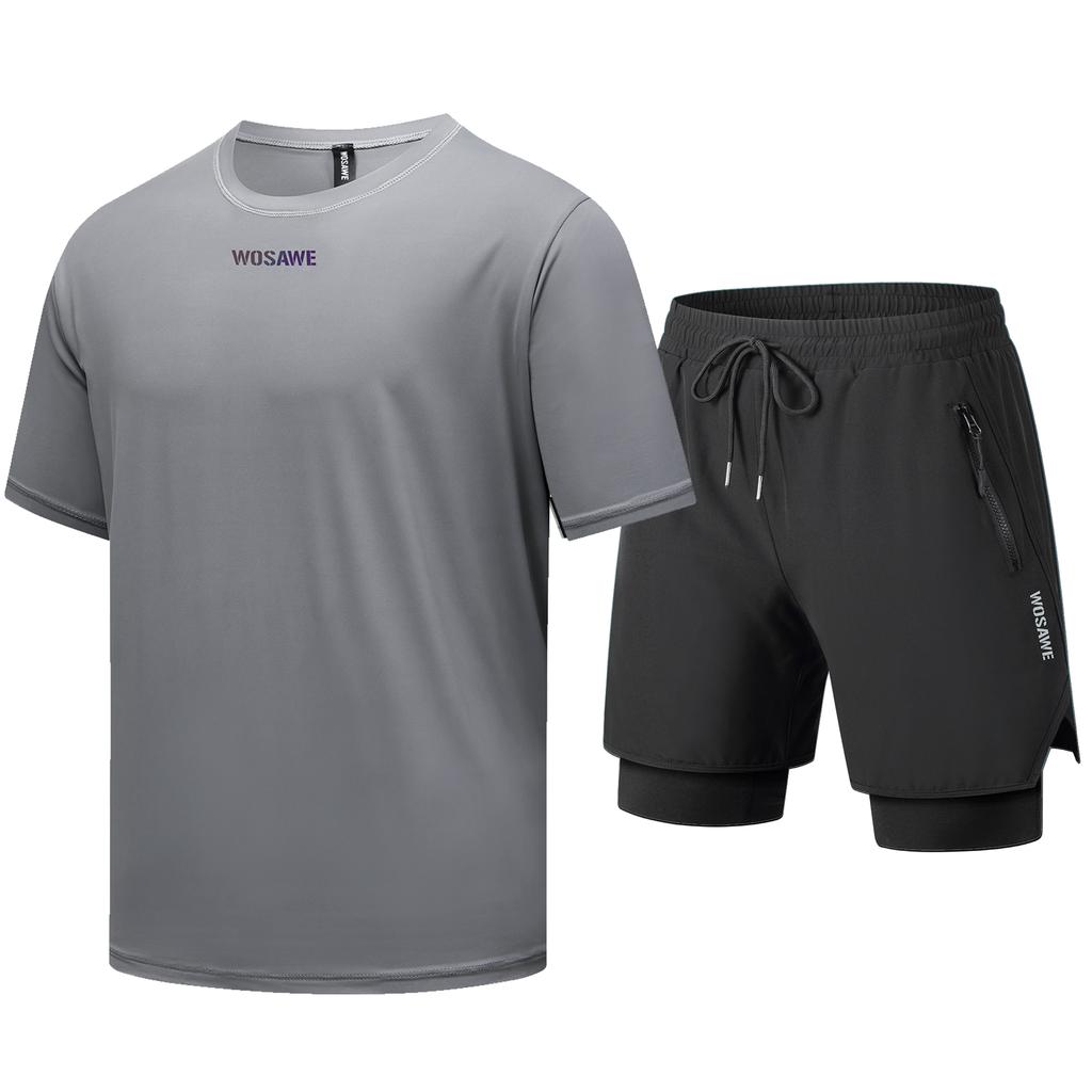 WOSAWE Męska i Damska Koszulka z Krótkim Rękawem na Rower Górski Outdoorowy Jazda na Rowerze Zestaw Spodenek MTB 2 w 1 z Wkładką