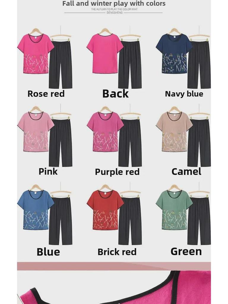 Seturi de vară din bumbac și in, din două piese, pentru femei cu vârsta între 60-70 de ani - Mânecă scurtă