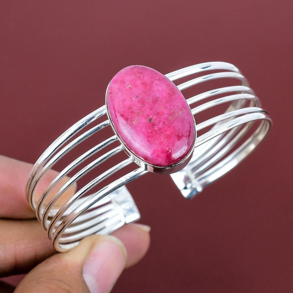 Rhodonite Bangle Gemstone Handmade Jewelry 925 Sterling Silver Cuff Bracelet Adjustable Bangle Very Pretty Rhodonite Jewelry Gifts for Mom