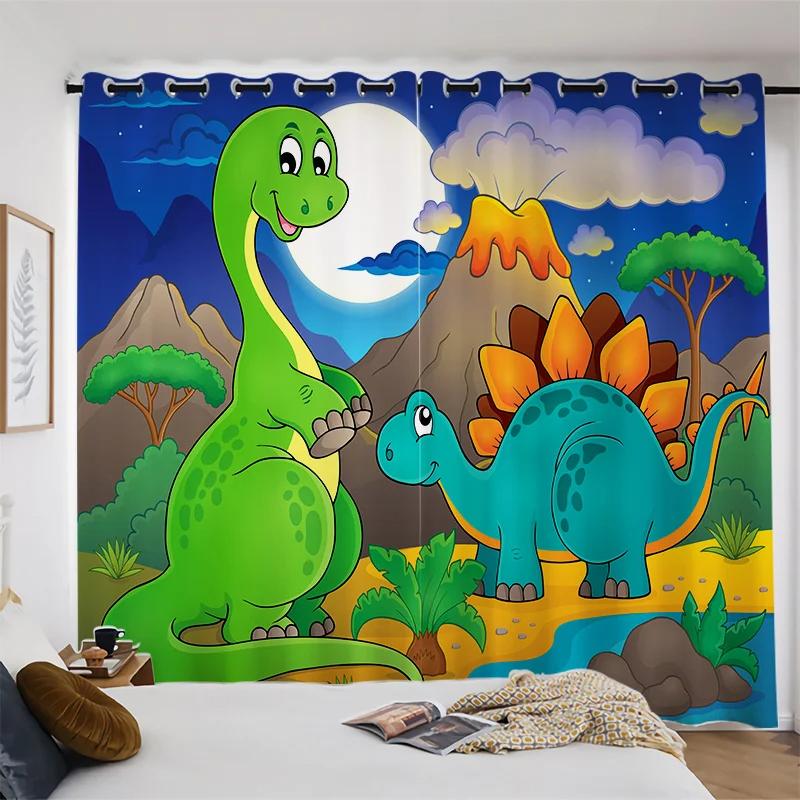 Cute Cartoon Dinosaur New High Shading Window Curtain Bedroom Children's Room Partition Decoration Thick Blackout Curtain 2Pcs
