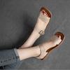 Johnature Simple Genuine Leather Flat Sandals Hook&Loop Solid Color Soft Sole Versatile Women Shoes